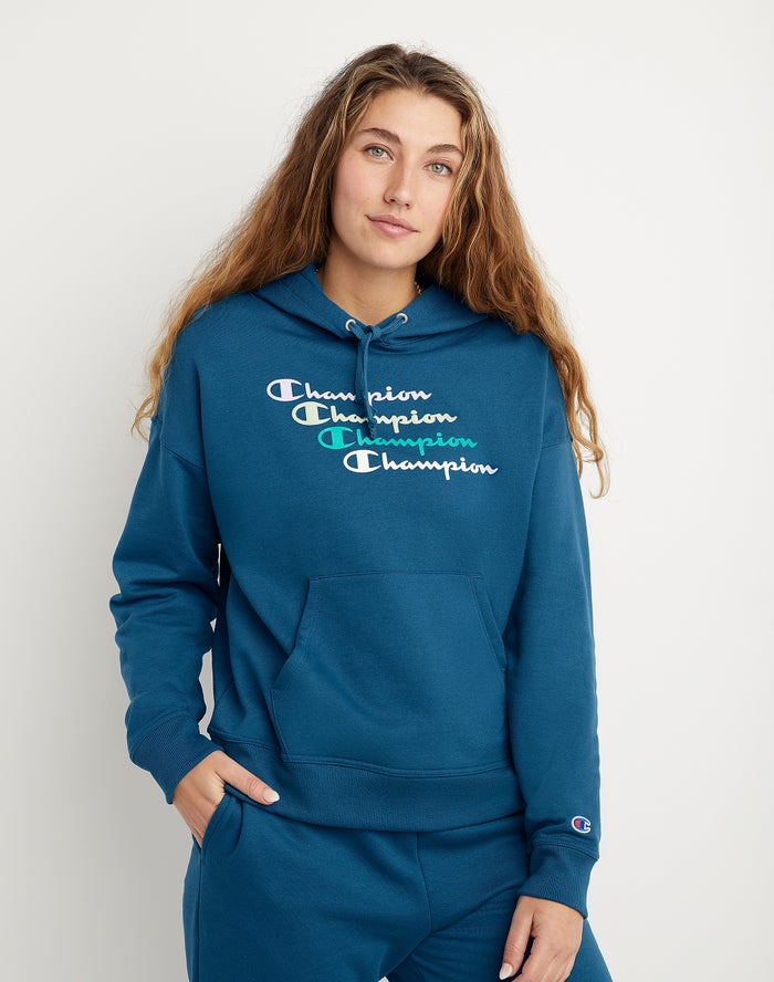 Champion Womens Hoodie NZ - Powerblend Fleece Relaxed Stacked Scripts Logo Blue ( 9382-WPXMS )